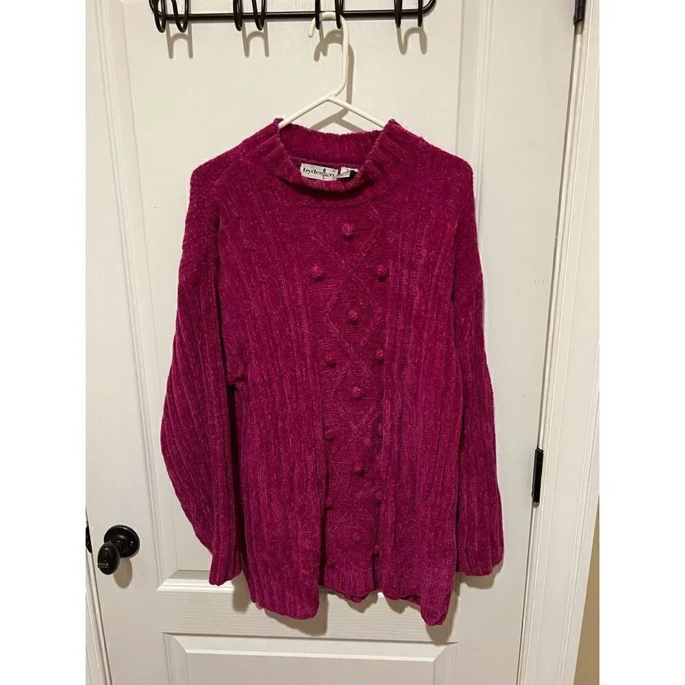 Vintage By Design bright Pink Sweater soft with balls down front